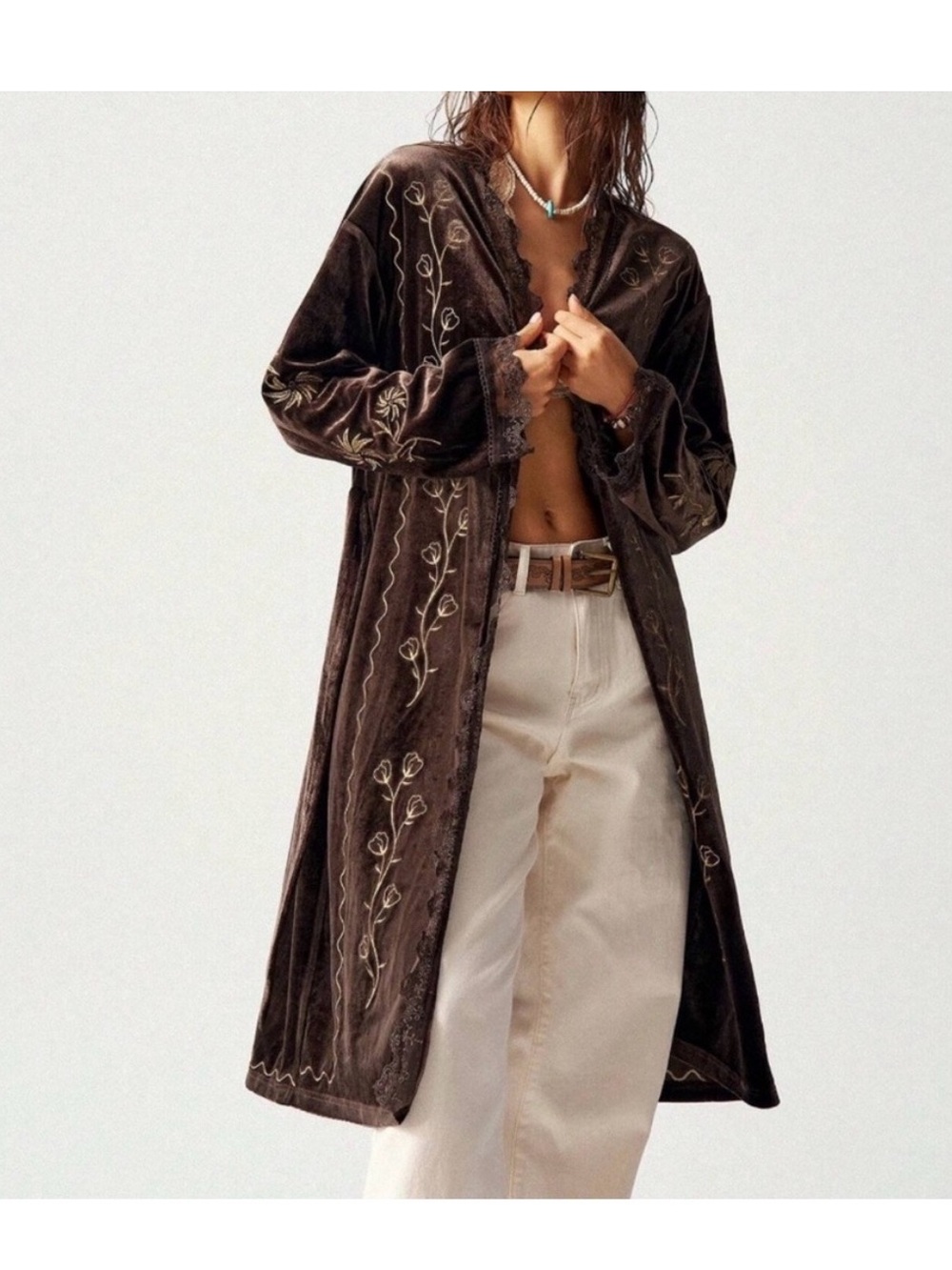 Embroidered Chocolate Brown Velvet Duster Coat